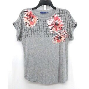 Apt. 9 Shirt Womens Size S Gray Floral Glitter Accent Short Sleeve Pullover Top